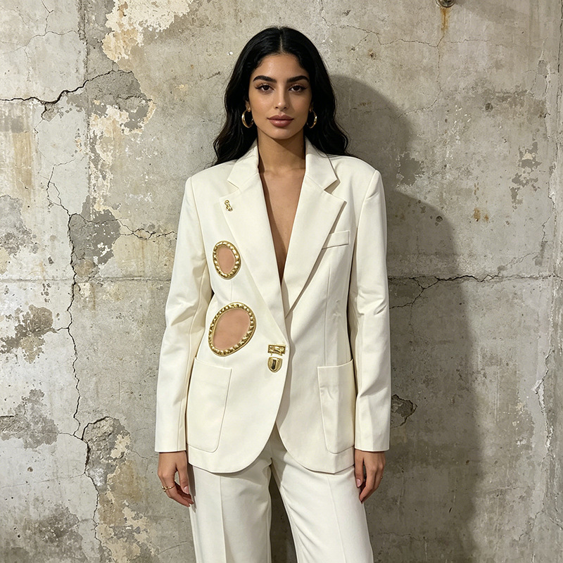 European and American Style Elegant Suit 2026 New V-Neck Metal Hollow-Out Design Long-Sleeve Oversized Blazer