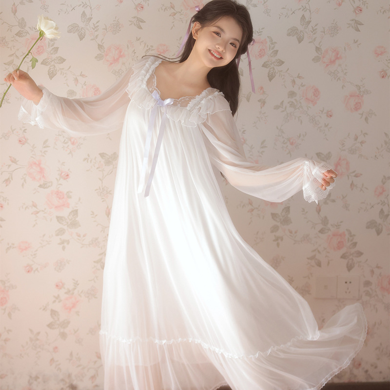 Vintage square-neck mesh princess-style long nightgown, new lace modal French-style pajamas and loungewear for women