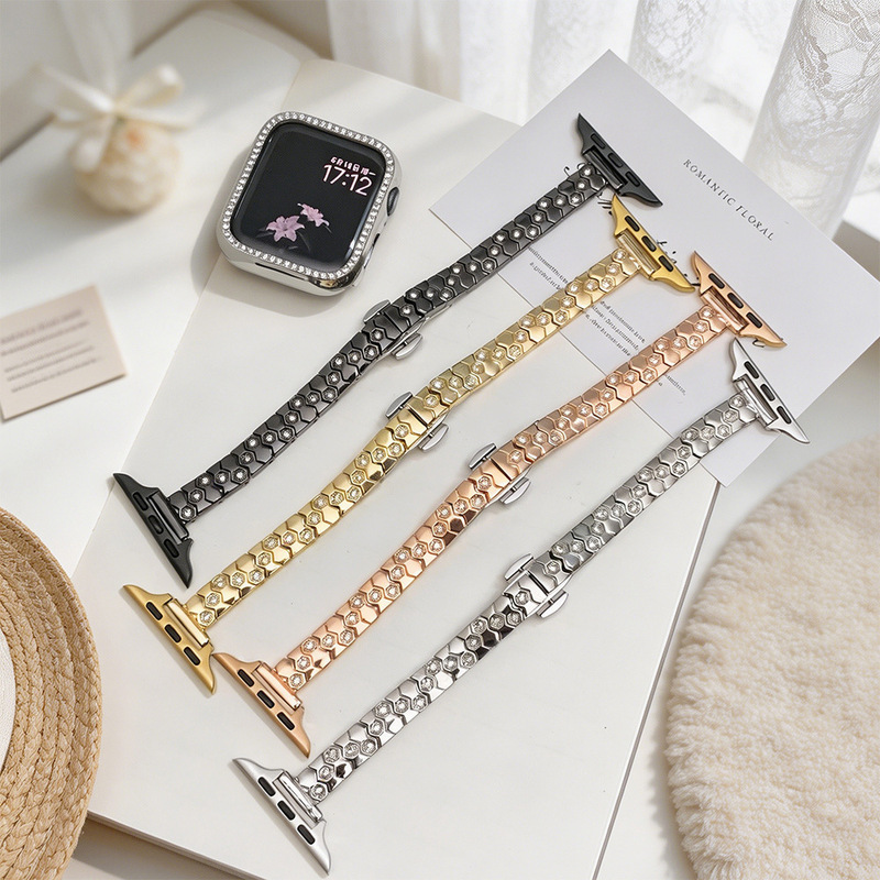 Hexagonal Honeycomb Diamond Metal Watch Band Suitable for Apple Watch iWatch 12Th Generation 11/10