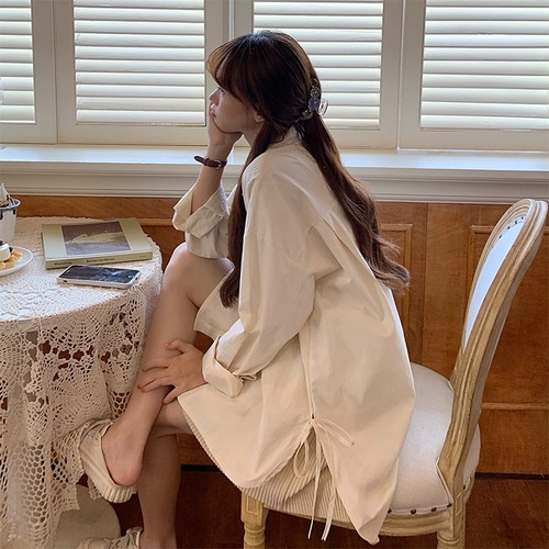 Women's Off-the-shoulder Long-sleeve Apricot Color Shirt with Design Elements, Loose Fit, A-line Hem, and Side Slits - Spring/Early Summer Casual Top