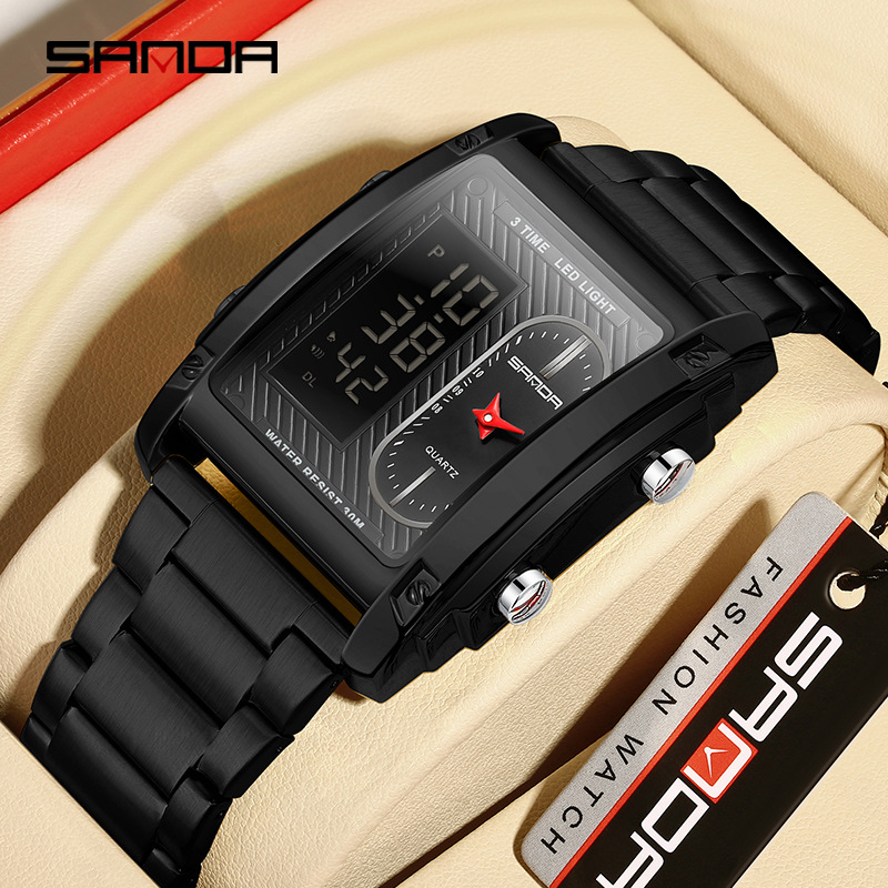Sanda reloj electrónico de moda para hombres creativo reloj electrónico de doble movimiento multifuncional reloj de cuarzo eléctrico impermeable