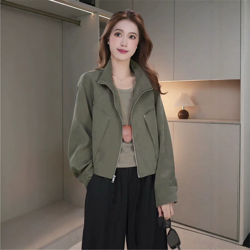 Women's short, stand-collar jacket for autumn, loose fit, slimming, with zipper, petite size, stylish, versatile, and suitable for work Women's short, stand-collar jacket for autumn, loose fit, slimming, with zipper, petite size, stylish, versatile, and suitable for work