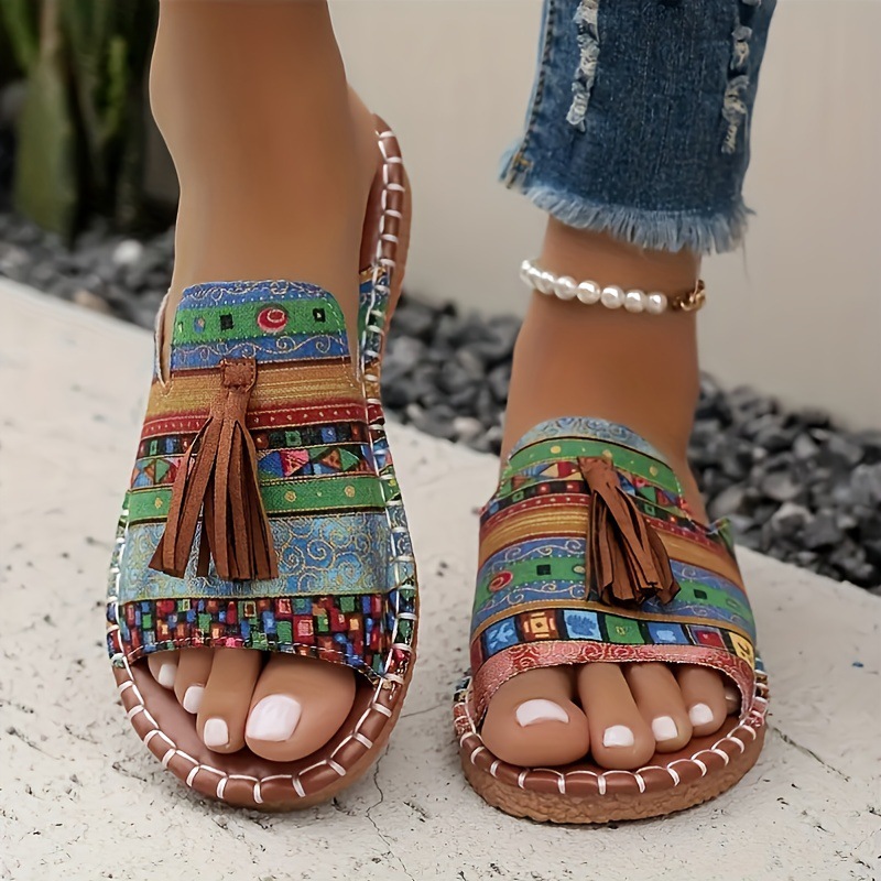 Bohemian Flat Slippers Women's Outer Wear 2025 Xia Xin European and American Tassel Women's Slippers 43 Beach Sandals temu Cross-border