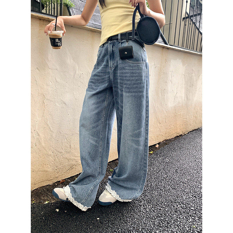 Huang Zheng Korean Summer Hand-painted Butterfly Printed Low Waist Dipping Wide Leg Pants Lace Stitching Jeans Women's 520499