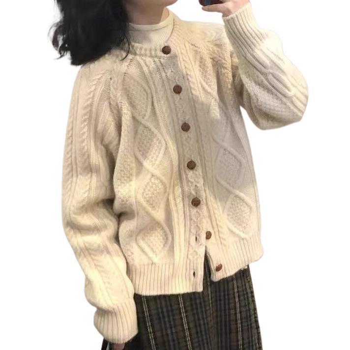 2025 春秋新款慵懒风休闲复古 麻花针织开衫女宽松百搭外套女|undefined