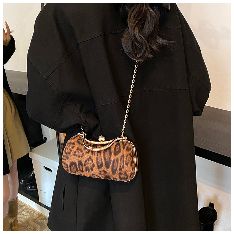 European and American style leopard print chain small square bag for women, 2024 new Korean style fashionable single-shoulder bag, flared crossbody dinner bag undefined