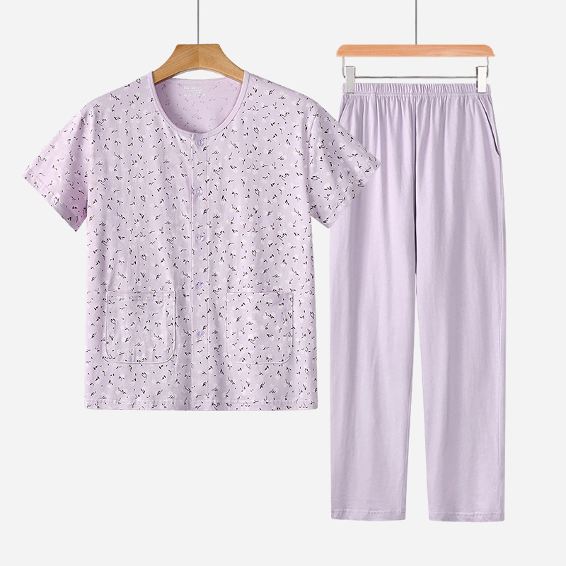 Pure cotton round-neck women's short-sleeve pajama set for spring and summer, 100% combed cotton, thin cardigan style, sweatshirt and pajama pants, new product for seniors