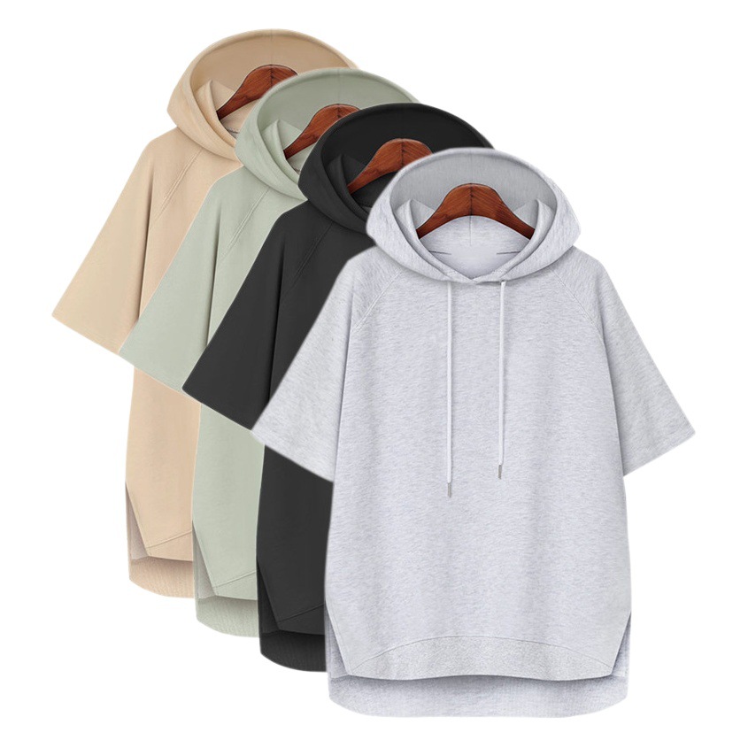 Estilo coreano color sólido simple verano cordón camiseta verano Mujer suéter con capucha manga corta suelta split 200kg Campus Todo a juego