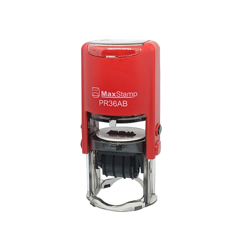 Sello automático ajustable de tinta para tapas de plástico con tapa abatible para cumpleaños y fechas.