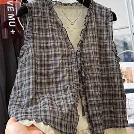 韩系穿搭格子V领假两件无袖小衫女夏季外穿马甲小背心上衣