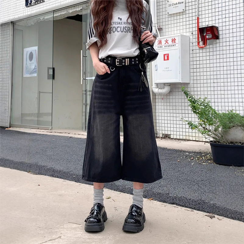 Wide-Leg 7-Point Jeans for Women, Vintage Washed Distressed Straight Mid-Length Pants, American Ins Trendy Brand Shorts Wide-Leg 7-Point Jeans for Women, Vintage Washed Distressed Straight Mid-Length Pants, American Ins Trendy Brand Shorts