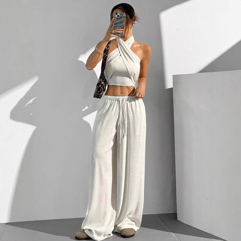 Shein Ezwear 2 Piece Set Women Summer Solid Color Backless Sleeveless Tops and Drawstring Waist Long Pants