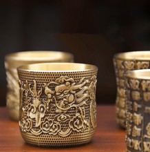 纯黄铜龙凤杯铜摆件工艺品传统高档酒具百福茶仿古水杯