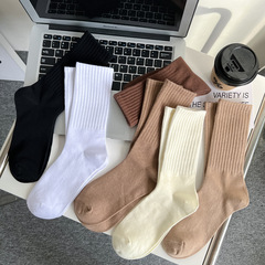Socks for Autumn and Winter: Mid-calf socks made of pure cotton, anti-odor and breathable, new design for wholesale, solid color and striped, 100% cotton, Japanese style piled socks