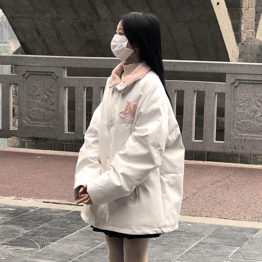 羊羔毛刺绣pu皮棉服外套女冬季ins学生宽松百搭加厚防风棉袄保暖