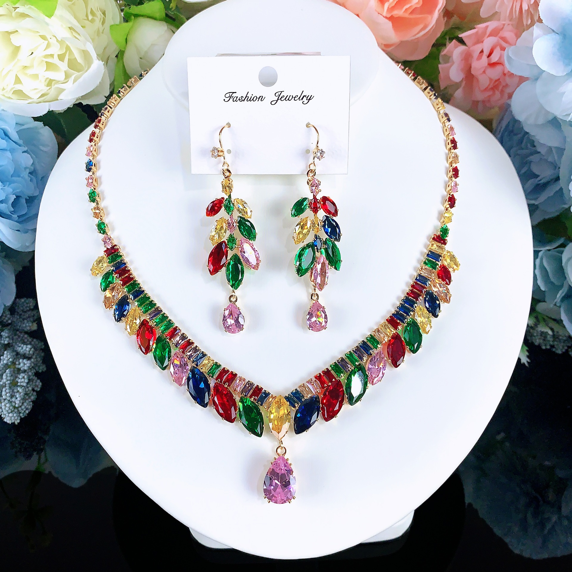 Collar de color de la industria pesada amazona orejas joyas set de moda de lujo vestido de novia cena joyas de zircon mujer image 57