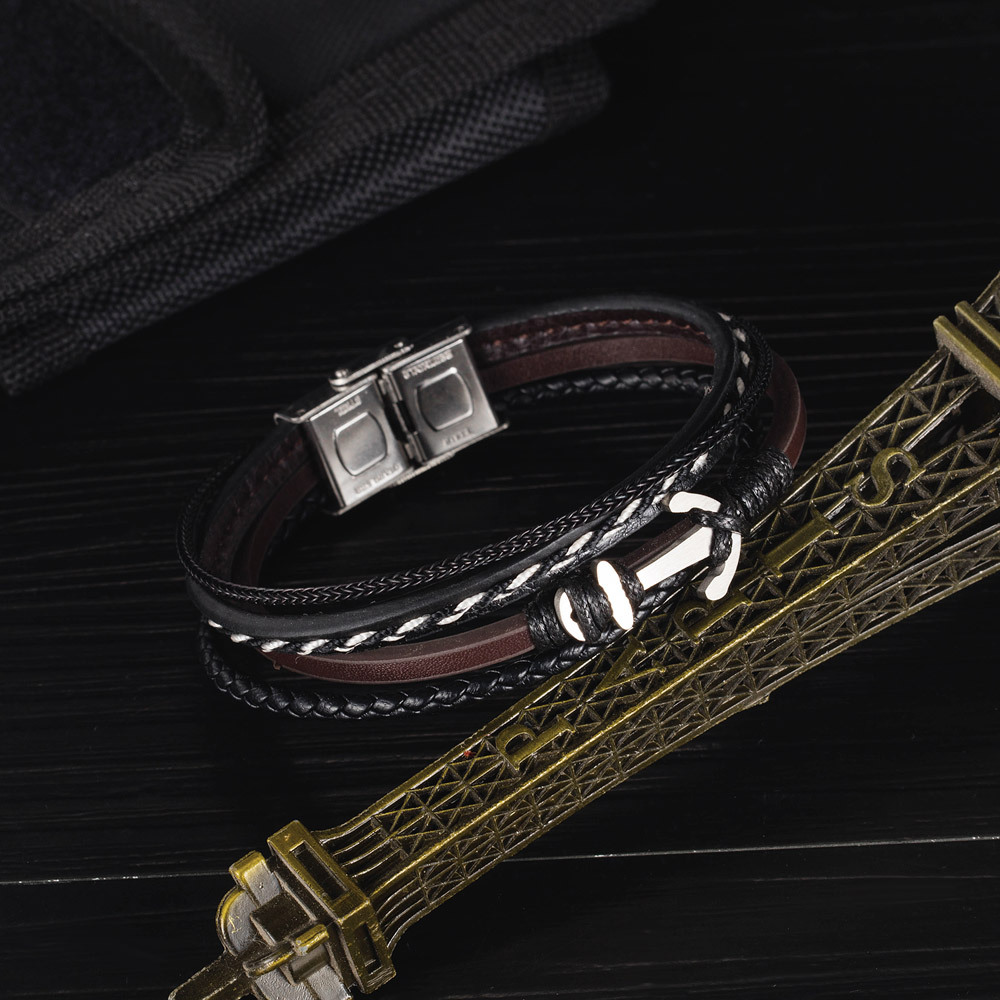 Retro Multilayer Anchor Leather Bracelet display picture 4