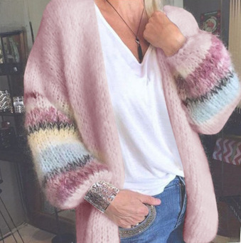 Women's Striped Mohair Cardigan Knitted Long Sleeved Coat_voghion.com