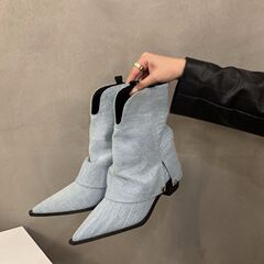 厚いヒールのポインテッドトゥパンツブーツストリートショートブーツ婦人靴2025春秋新作夏ブラウンウエスタンカウボーイブーツ