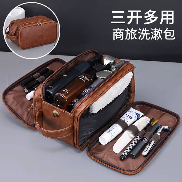 Cross-border New Three-open Multifunctional PU Men's Wash Bag Large Capacity High-end Cosmetic Bag Cosmetic Storage Bag