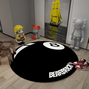In-Stock Simple Black Eight Round Carpet for Bedroom Bearbrick Billiard Round Black 8 Billiard Carpet Mat