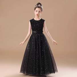 中大童钢琴表演女童黑色晚礼服小提琴演凑乐团独奏生日宴会公主裙