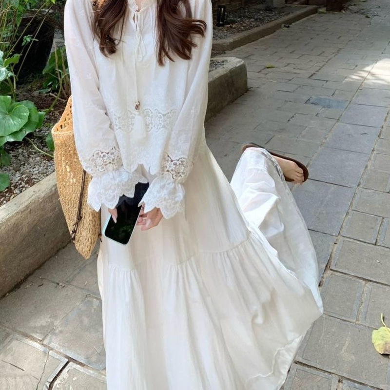 French-style gentle tie-neck embroidered shirt for women, spring 2026, long-sleeved, waist-cinching, slimming, versatile, niche top