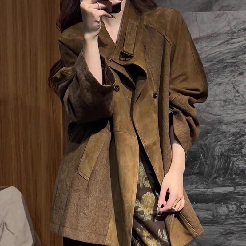 Retro Suede Brown Suit Jacket for Women, Mid-Length Design, High-End Elegant, Age-Reducing Lapel, Light and Mature Style Top