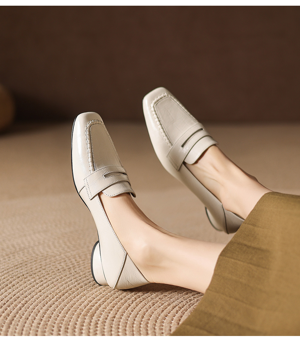 Giày loafer nữ da dê mũi vuông gót thấp cổ điển — đen chi tiết 6