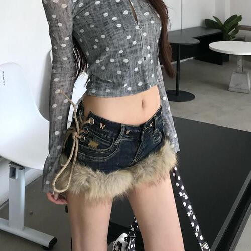 American retro large-size design, fluffy stitching denim pants, women's new y2k millennium hottie low-waist hot pants