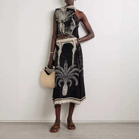 外贸独立站2025新款夏季休闲定位印花缎面上衣+半身裙两件套装