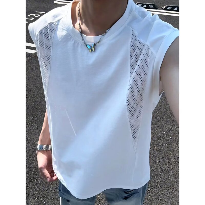 American-Style Thin Ice Silk Quick-Dry Sports Vest for Men, Summer Patchwork Deconstructed Sleeveless T-Shirt, Gym Tank Top