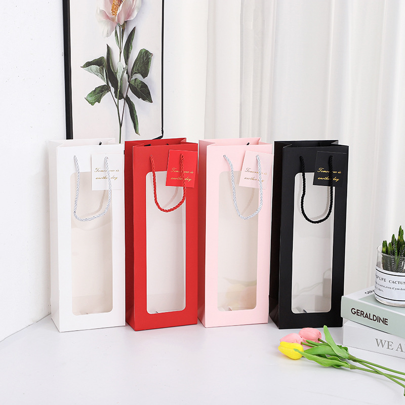 Transparent Window Single Wine Bag Gift Packaging Bag Mother's Day Gift Box Souvenir Handbag Hand-Held Gift Bag