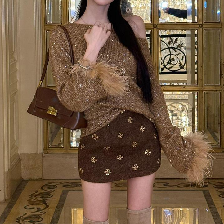 Ins-Style Gold Thread Versatile Sweater for Women, Autumn and Winter Pure Desire Style, Sparkling One-Shoulder Long-Sleeve Top