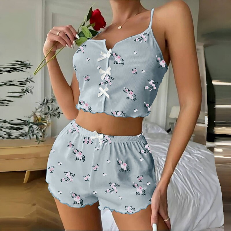 European and American Cross-Border Small Floral Print Design Bow-Knot Suspender-Style Pajamas for Women, Home Wear, Can Be Worn Outside, Two-Piece Set