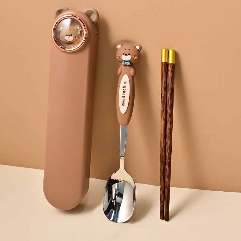 Cute Creative Wooden Chopsticks Spoon Tableware suit Student Children Portable One-person Storage Box Cute Creative Wooden Chopsticks Spoon Tableware suit Student Children Portable One-person Storage Box