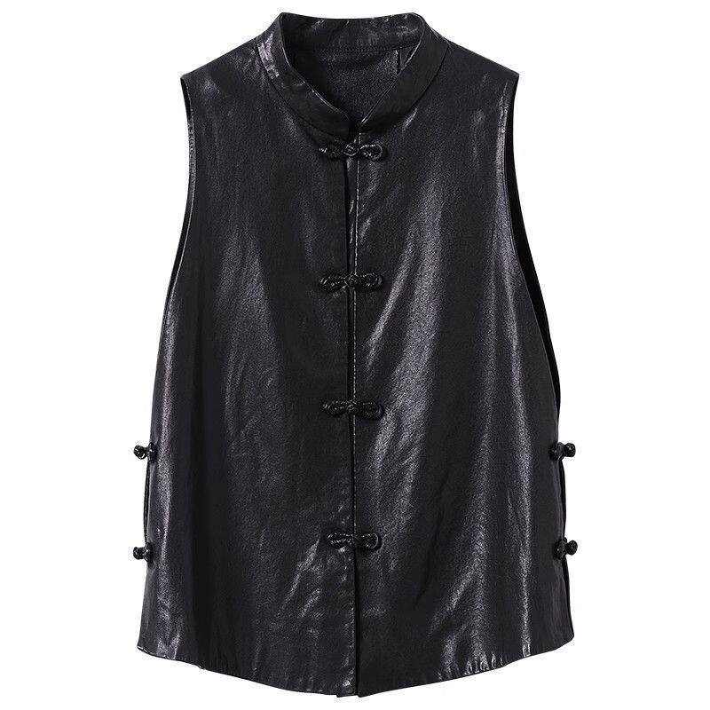 Áo khoác vest da nữ kiểu ngắn dáng gile cài khuy, mặc ngoài mùa thu — Màu đen [chất lượng cao] chi tiết 22