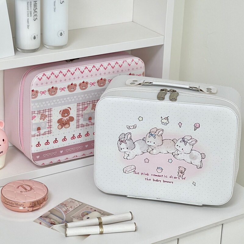 オリジナルのかわいいプリント化粧箱高颜値大容量スキンケア収納スーツケース鏡付き化粧バッグ|undefined