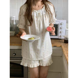 实拍2025ins夏季新款韩版玫瑰花双层棉纱蕾丝花边居家睡衣套装女