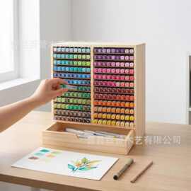 竹制大容量马克笔收纳架桌面摆台式记号笔色号展示架木制陈列架