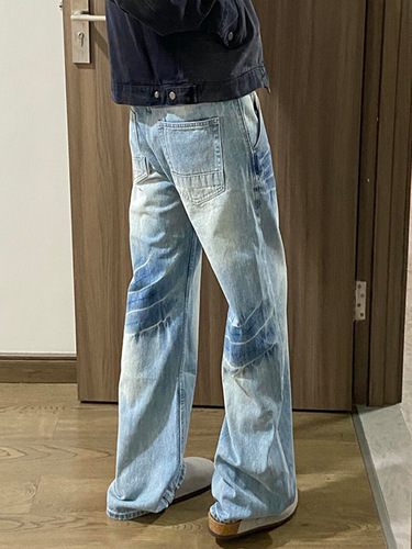 Men's Spring and Autumn Washed Blue Straight Leg Jeans with American High Street Vibe Cleanfit Curved Hem Trousers