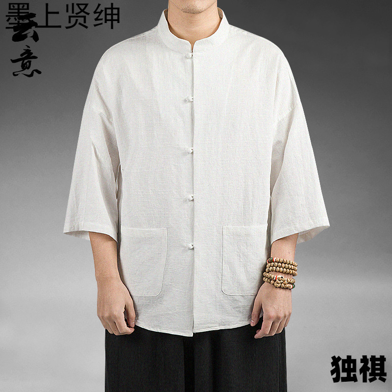 Camisa Zhongshan de lino de estilo chino, manga de cinco puntos para hombres, traje Tang, algodón y lino chino, camisa fina informal, traje de té de verano