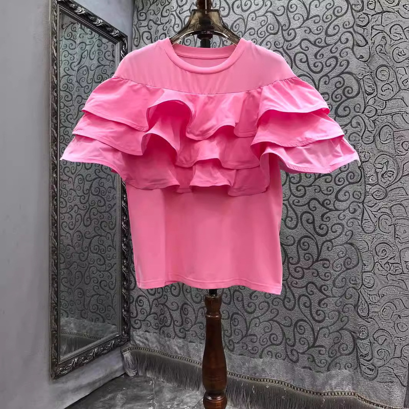 Spring/Summer 2024 New European women's clothing French lotus leaf lace round neck pullover short sleeve cotton T-shirt top