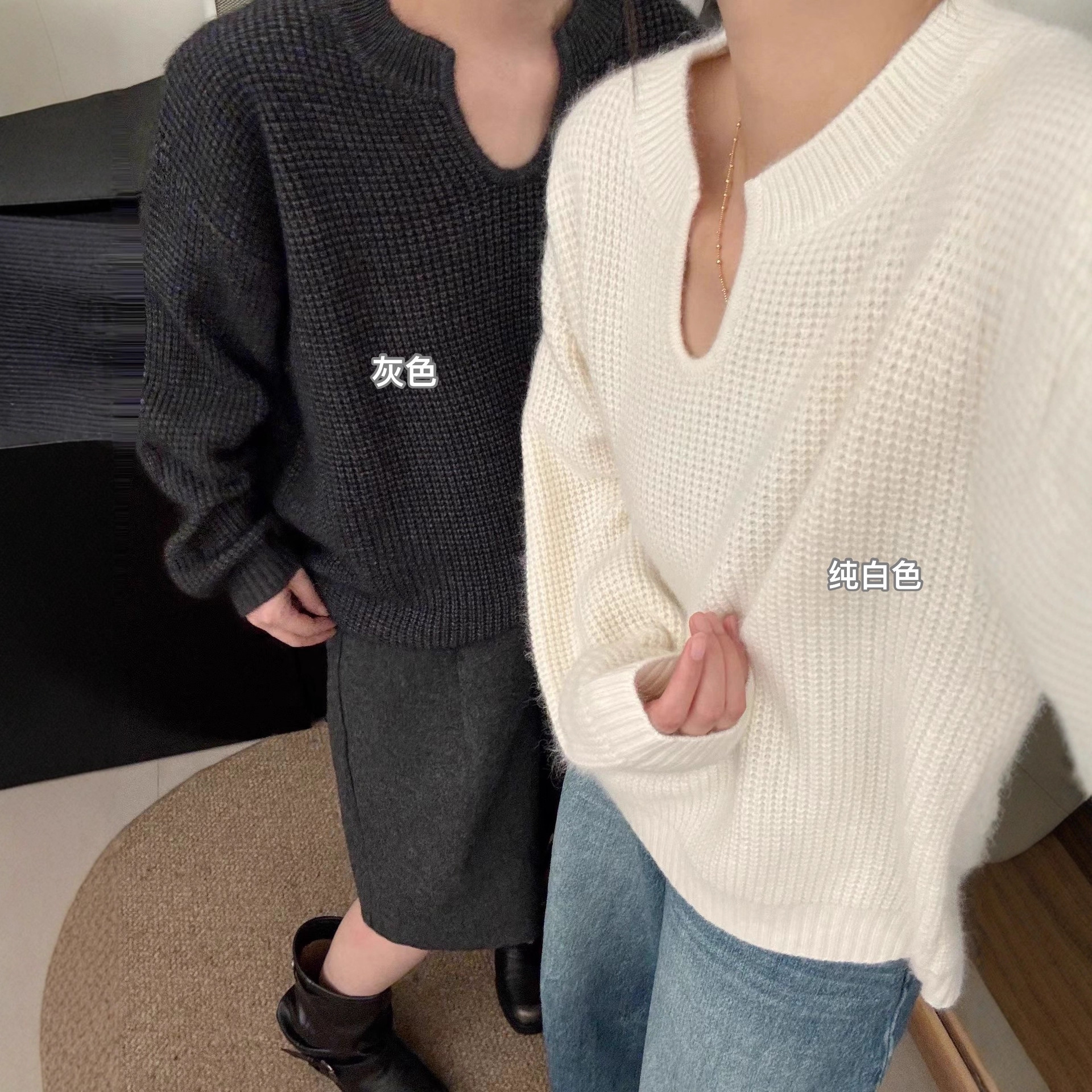 衣号自制肌理感简约小U领上衣女 文艺高品质浣熊绒针织毛衣25秋冬