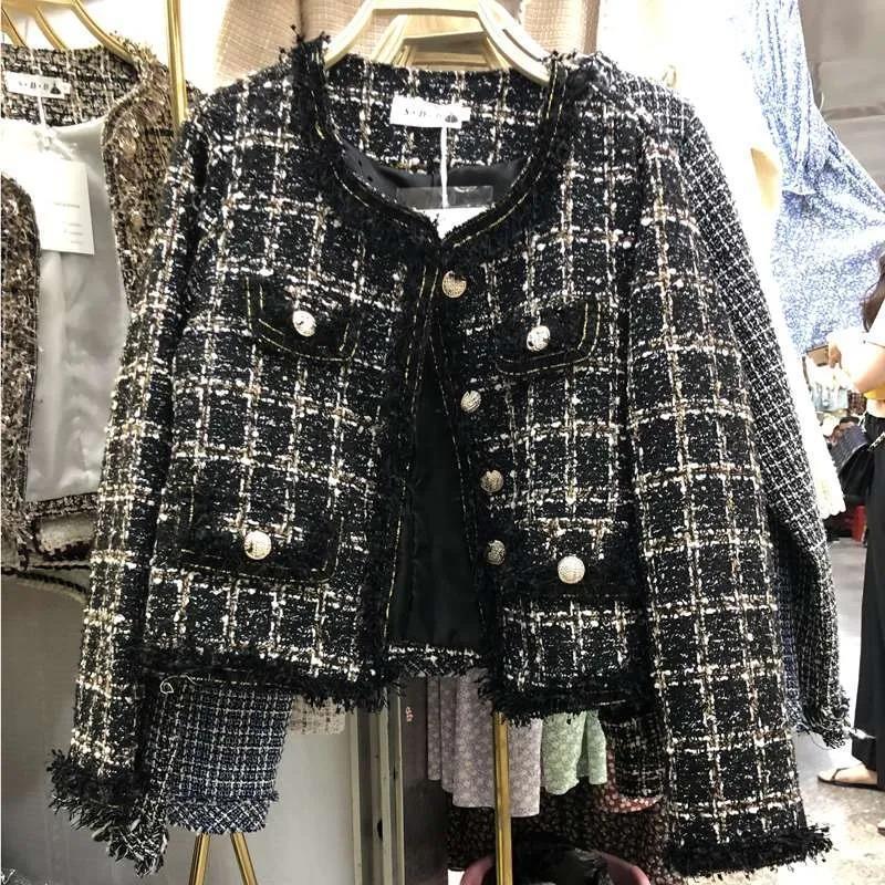 Tweed Chanel-Style Short Jacket for Women 2023 New Model Socialite Tassel Short Fashion Casual Top Plaid Jacket