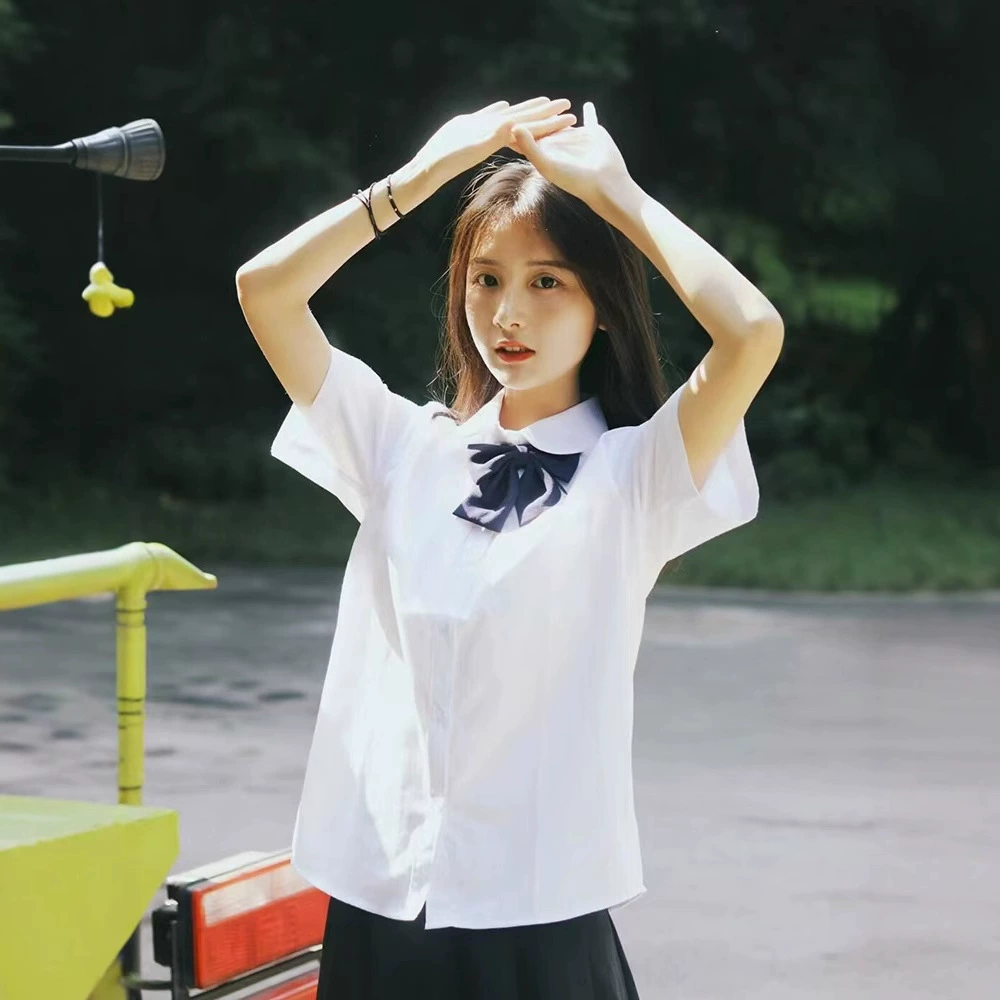 Летний колледж стиль вертикальный воротник белая рубашка с короткими рукавами