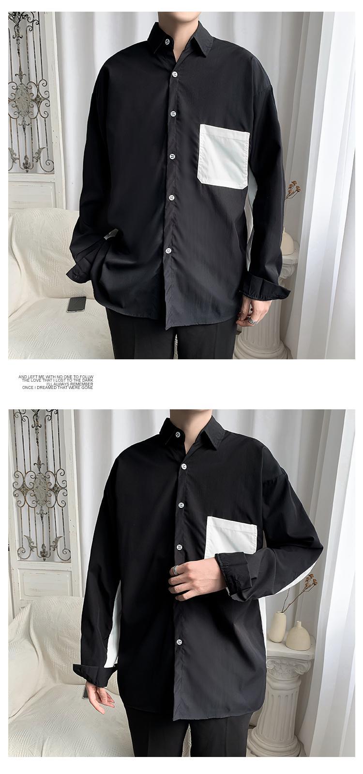 Men's Black And White Patchwork Long Sleeve Casual Shirt Trendy_voghion.com
