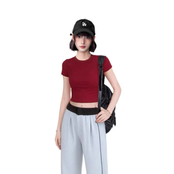 Exhipired Waist Spice Girl Shoulder Short-sleeved T-shirt Women's Summer and Summer Waist-leaking Pure Cotton Slim-fit High Waist Navel-exposed Tight Short Top