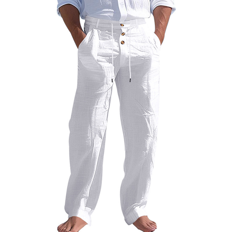 Cross-Border American Style Men's Linen Pants with Button Decoration, Drawstring, Summer Beach Pants, Straight-Leg, Solid Color, Comfortable and Breathable Long Pants