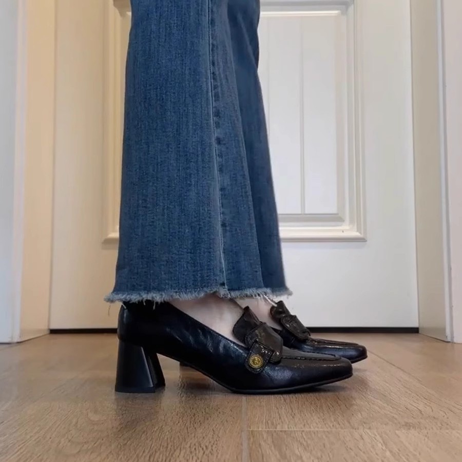 양가죽 버전 ~ 프랑스 기질 두꺼운 뒤꿈치 신발 통근 얕은 입 페달 복고풍 작은 사각형 머리 하이힐 로퍼 여성